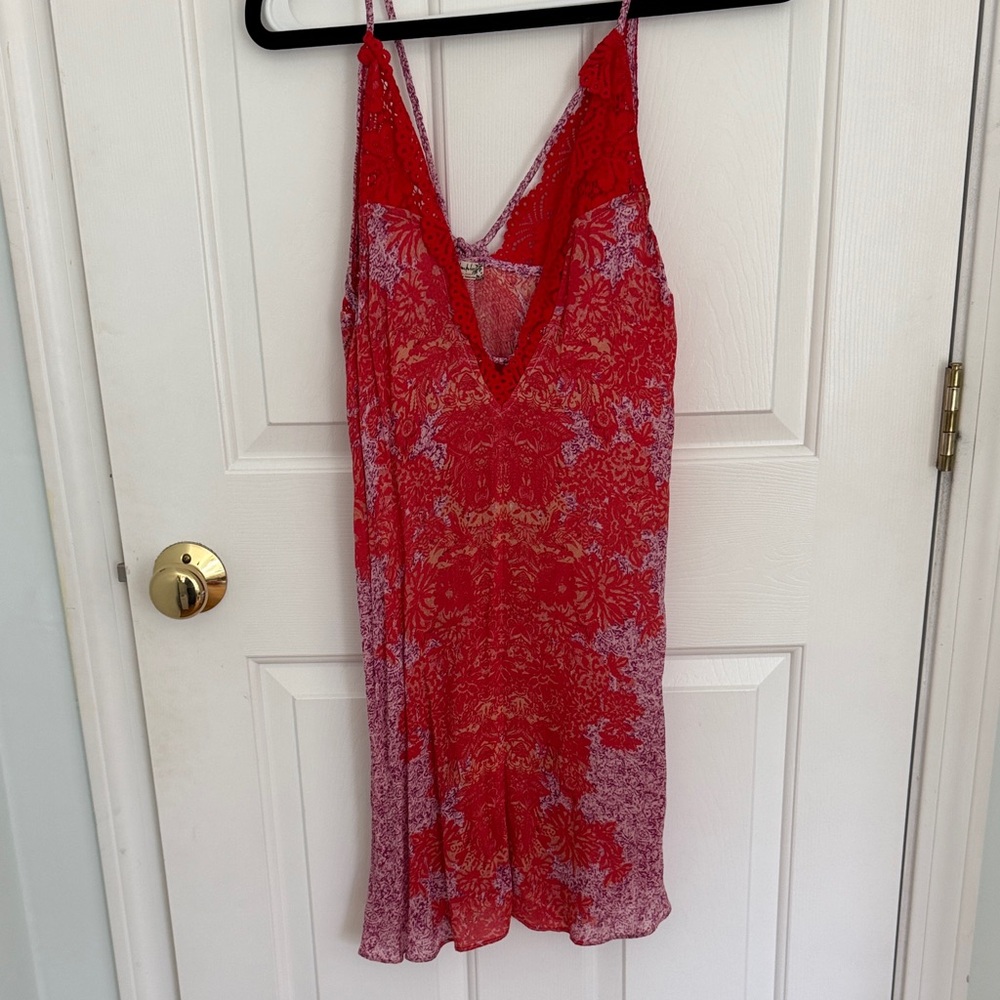 Red Floral Lace-Trim Chemise Slip with V-Neck